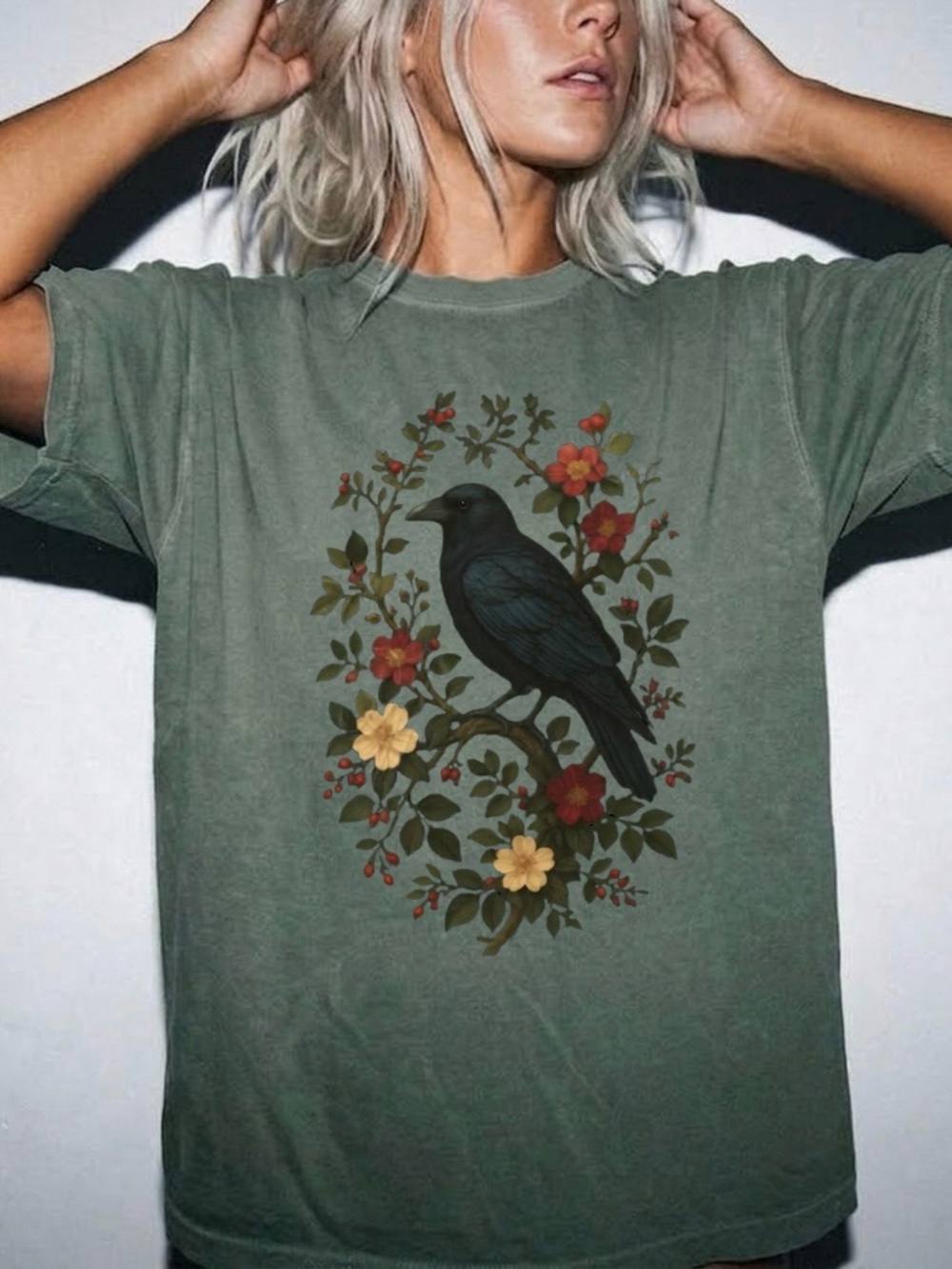 Vintage Raven Crow and Floral Comfort Colors Tee Gothic Cottagecore Nature Lover